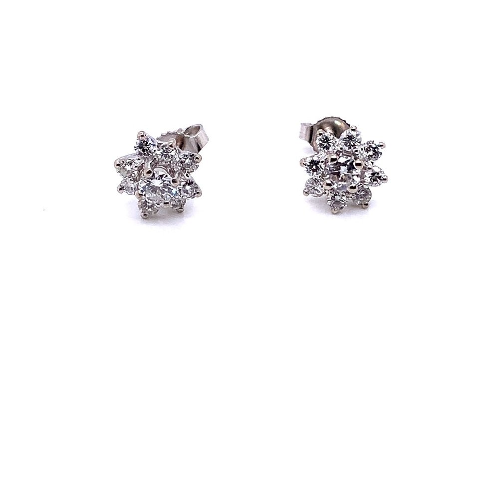 14K White Gold Diamond Cluster Flower Stud Earrings